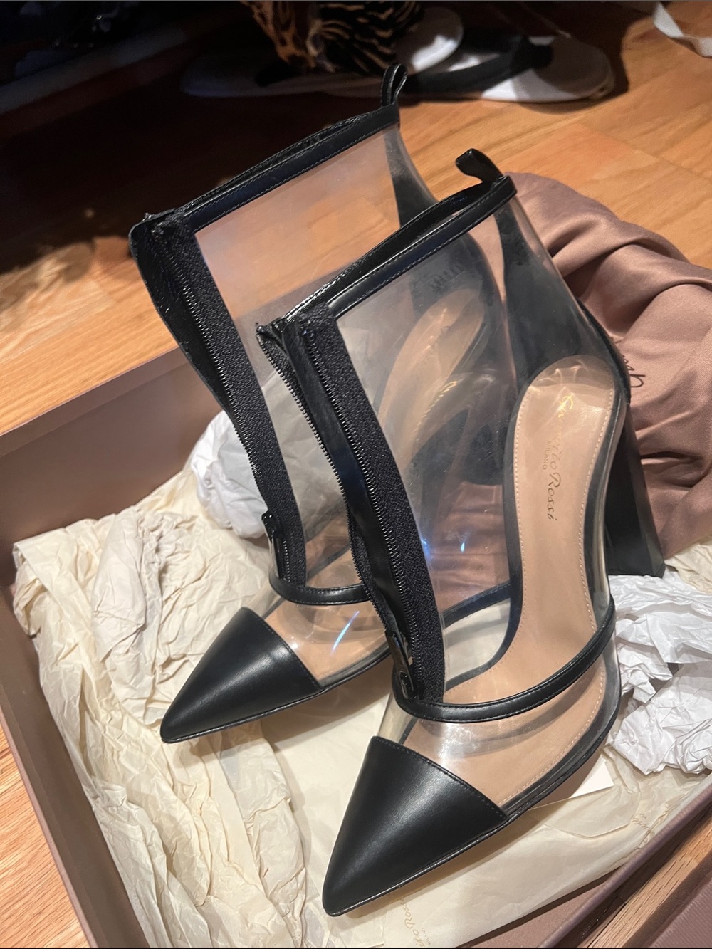 Gianvito Rossi Black and Clear Pointed-Toe Heeled Boots